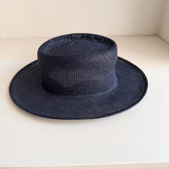 Vintage KP Navy Blue Straw Wide Brim Fedora Hat L - Picture 6 of 8